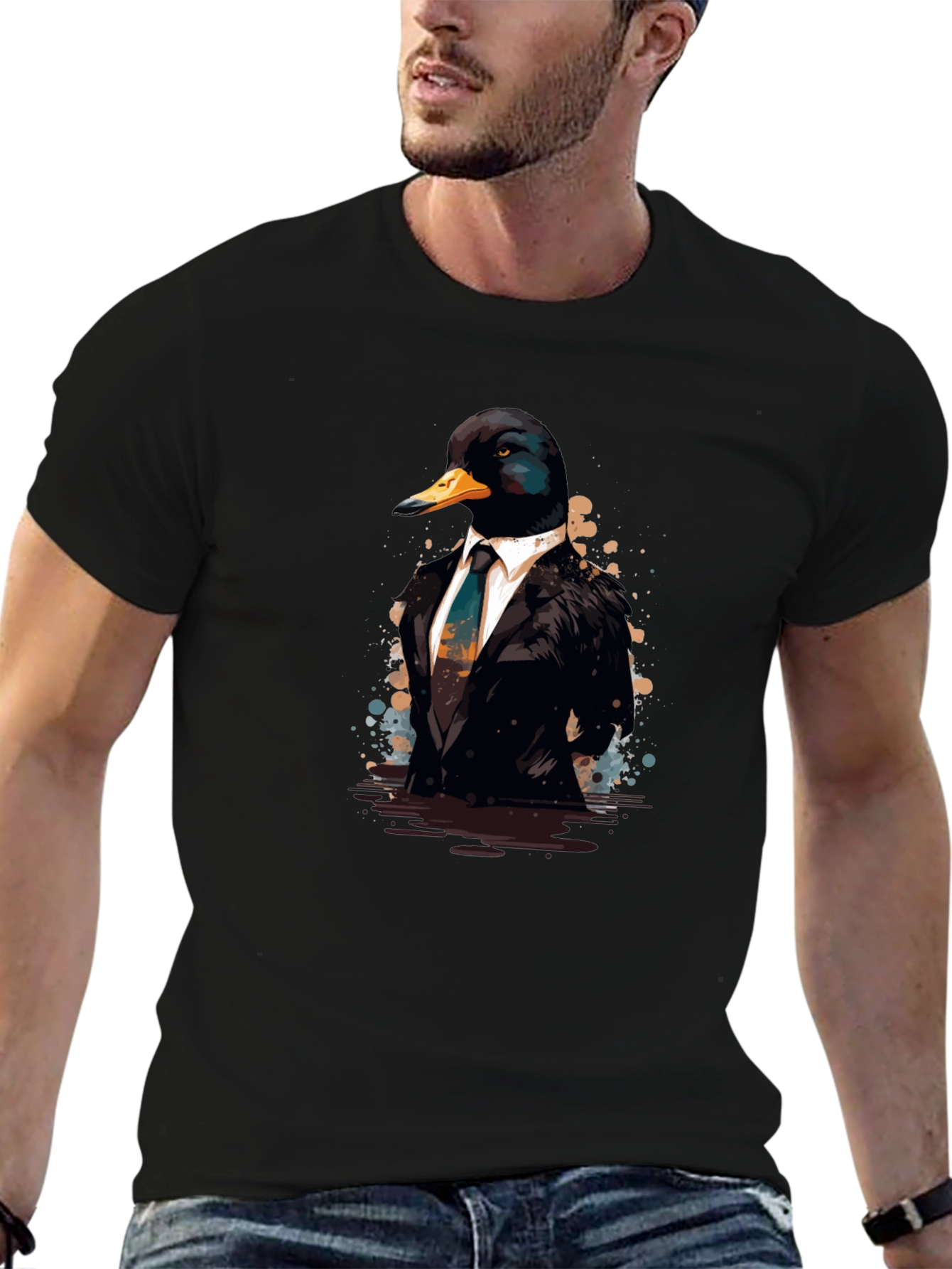 Duck in Suit Black T-Shirt - Unique Graphic Tee