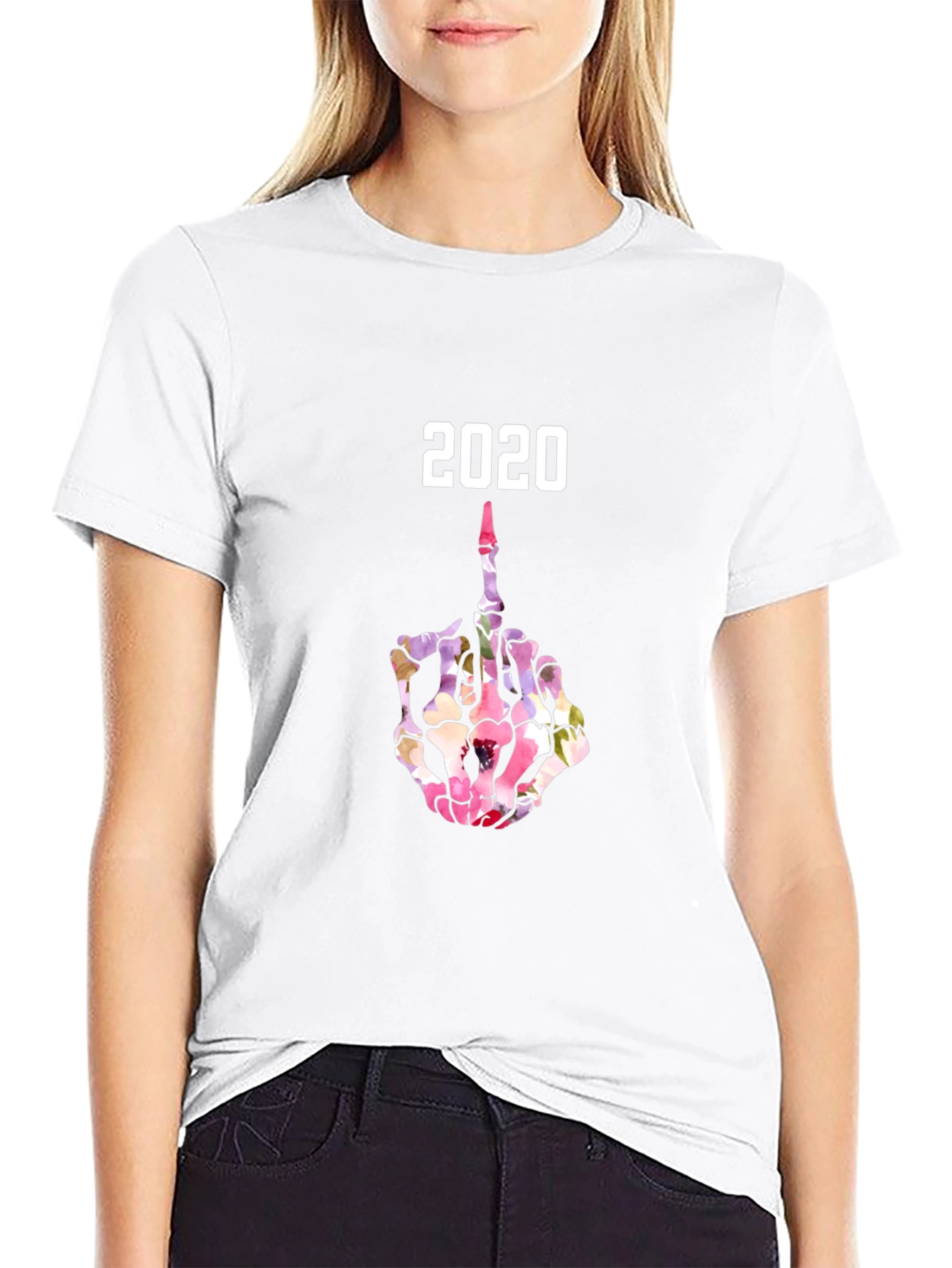 2020 Floral Skeleton Middle Finger Graphic T-Shirt