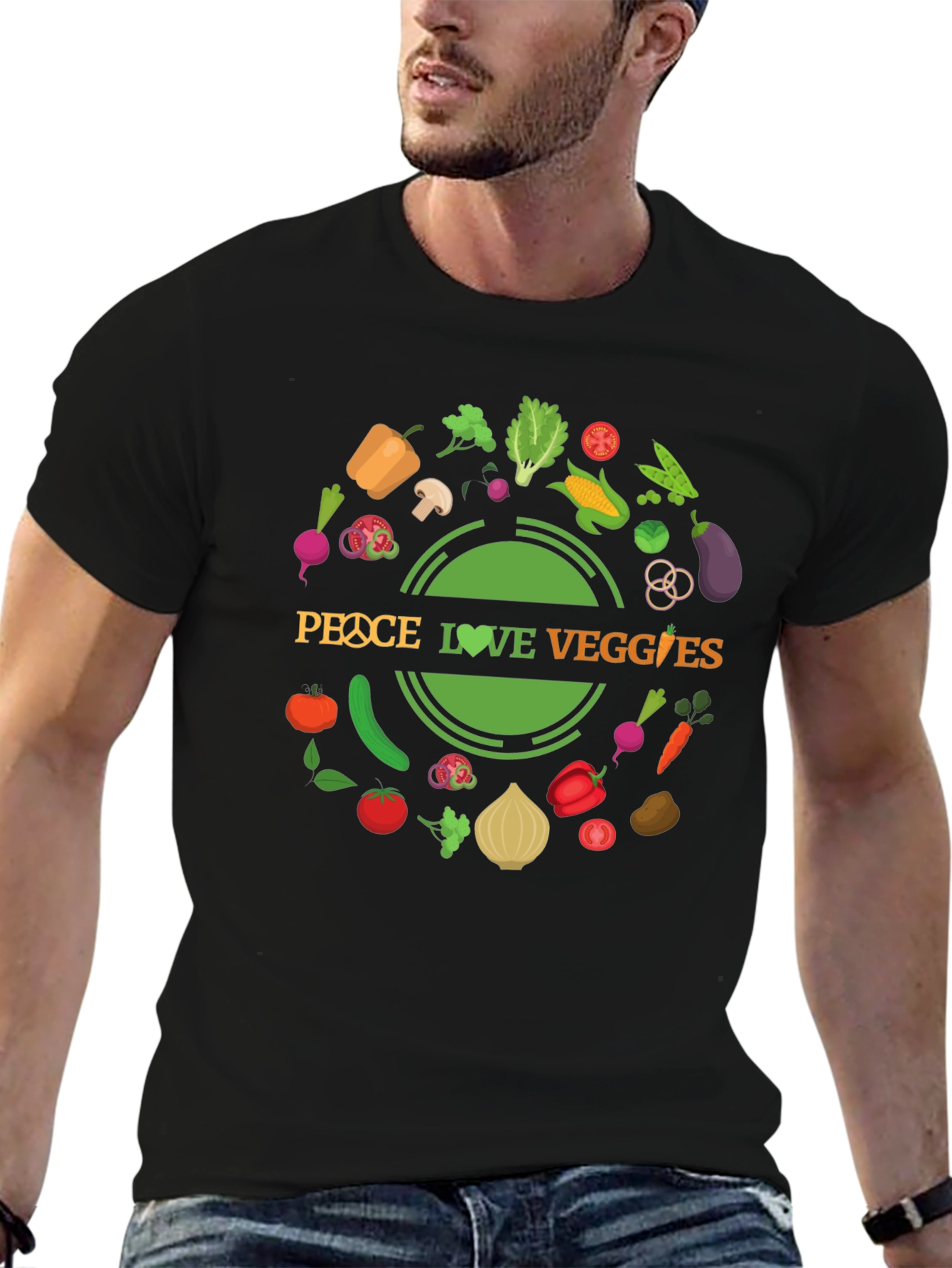 Peace Love Veggies Black Graphic T-Shirt
