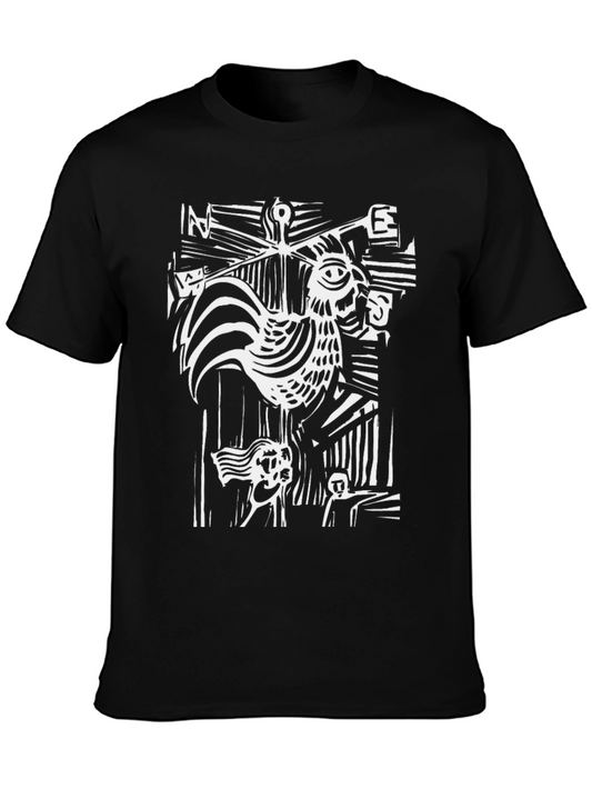 Abstract Rooster Graphic Tee - Black Cotton T-Shirt