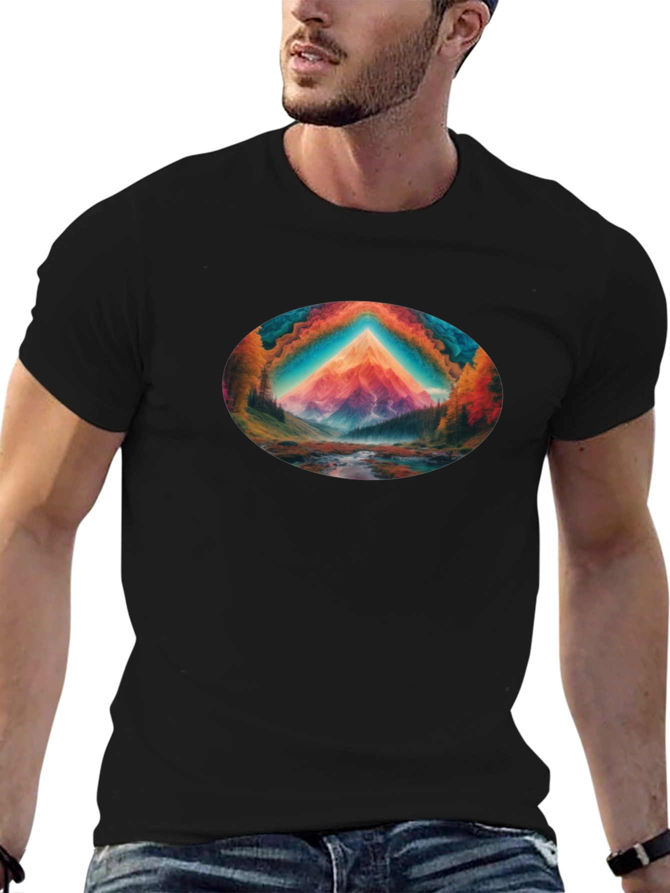 Vibrant Mountain Scene Black T-Shirt