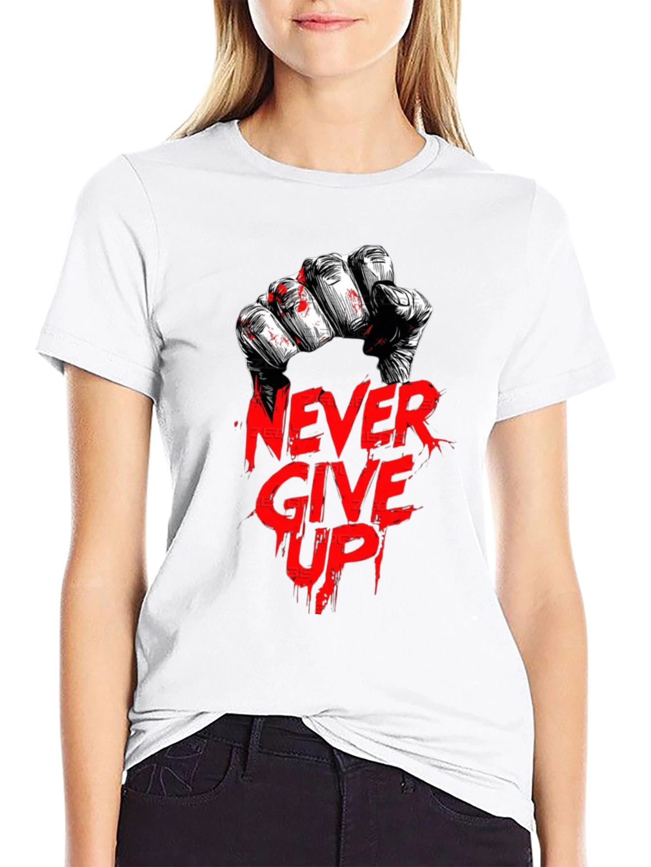 Never Give Up Graphic Print Black T-Shirt