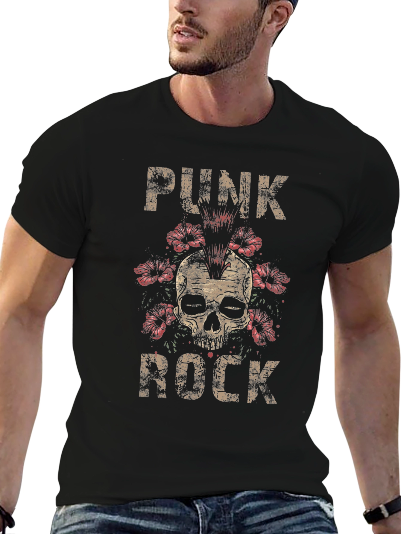 Punk Rock Skull Graphic Tee - Black