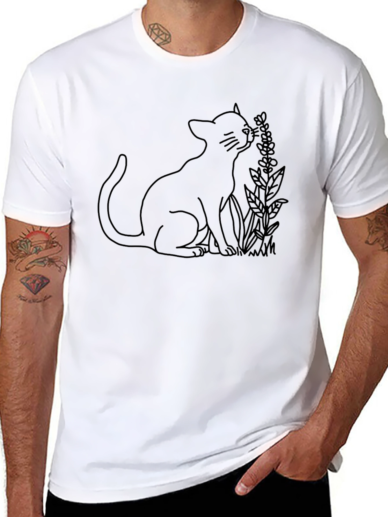 Cat & Lavender Graphic T-Shirt - Black
