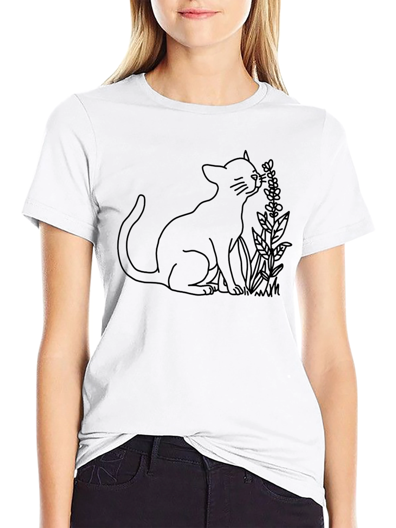 Cat & Lavender Graphic T-Shirt - Black