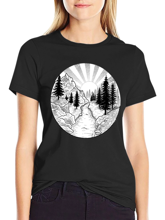 Nature Scene Graphic Tee - Black Cotton T-Shirt