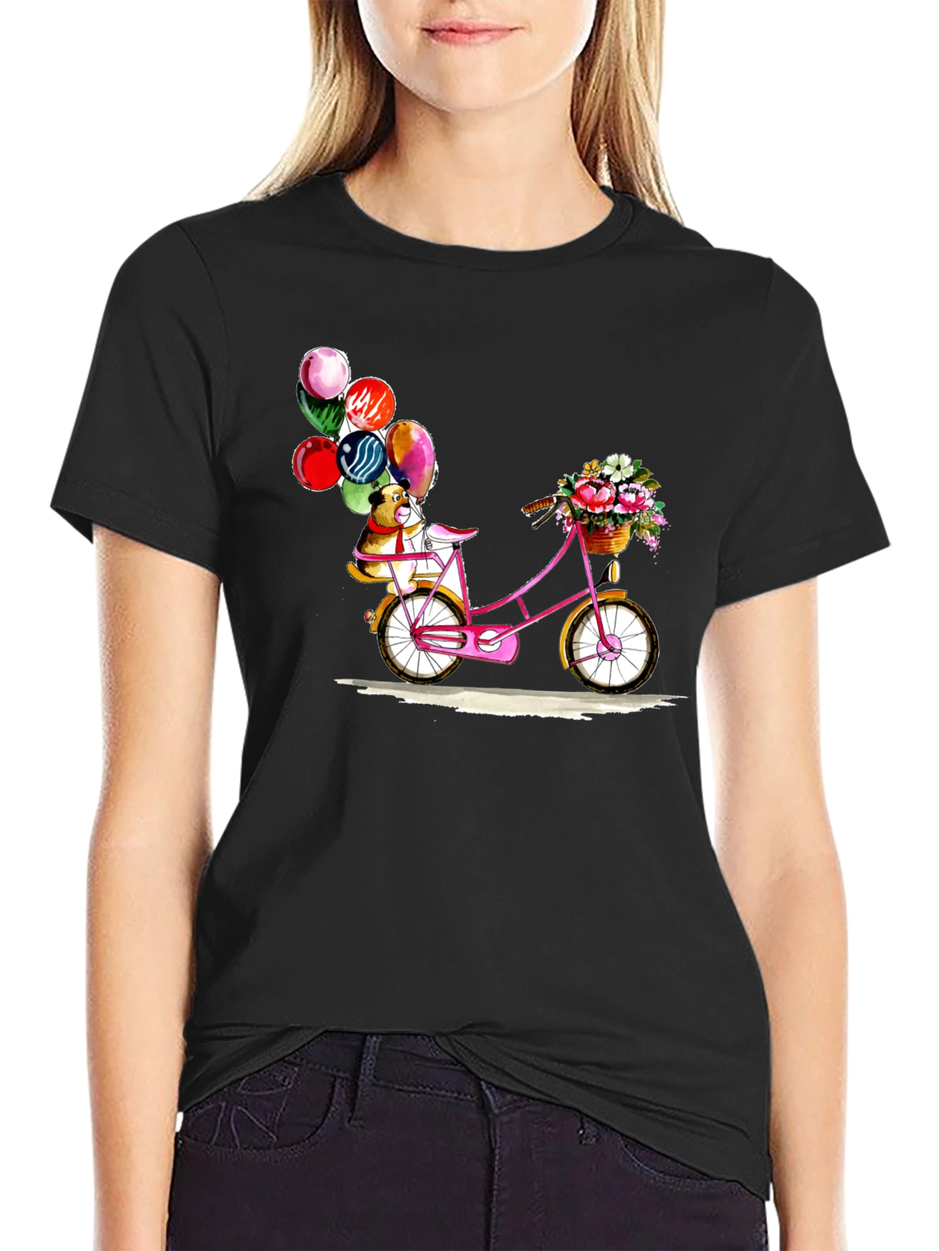 Dog on Bike with Balloons Graphic T-Shirt