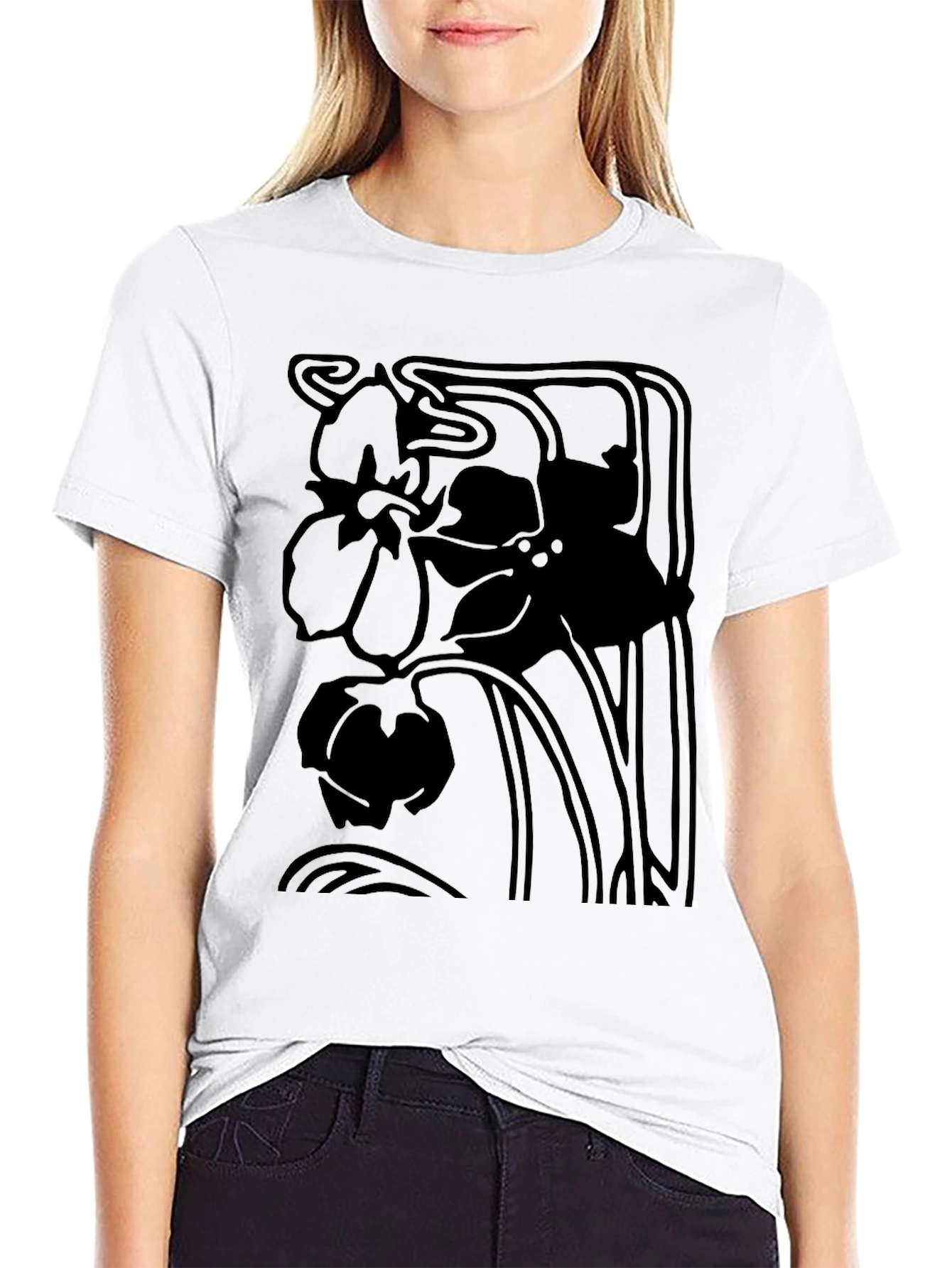 Elegant Black Floral Art Nouveau Graphic Tee
