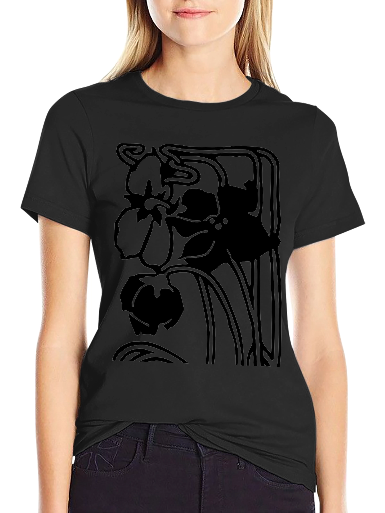 Elegant Black Floral Art Nouveau Graphic Tee