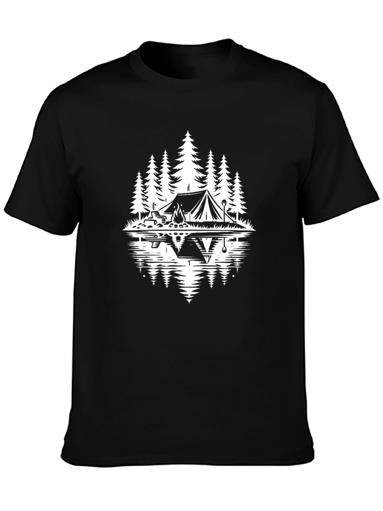Camping Scene Graphic Tee - Black Cotton Comfort