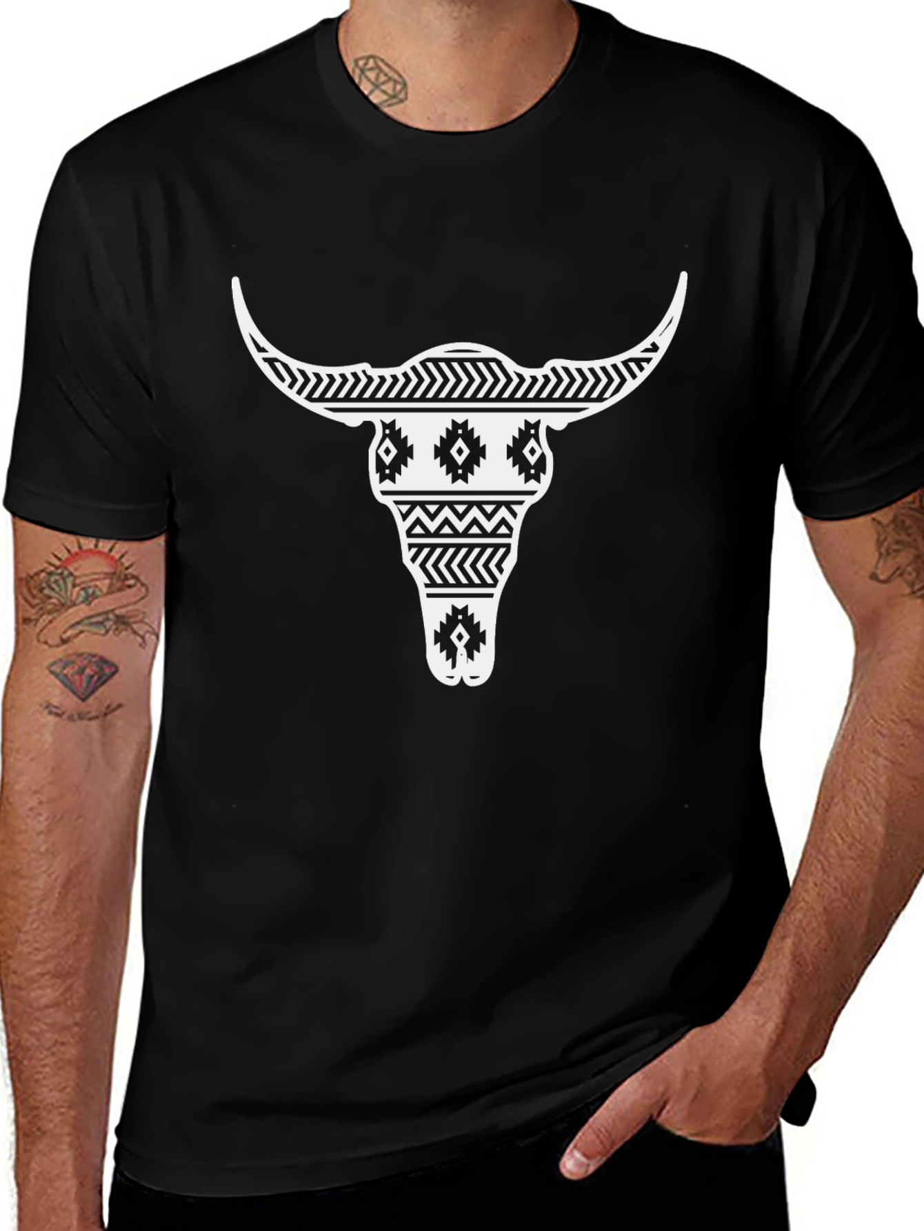 Aztec Bull Skull Graphic Tee - Black
