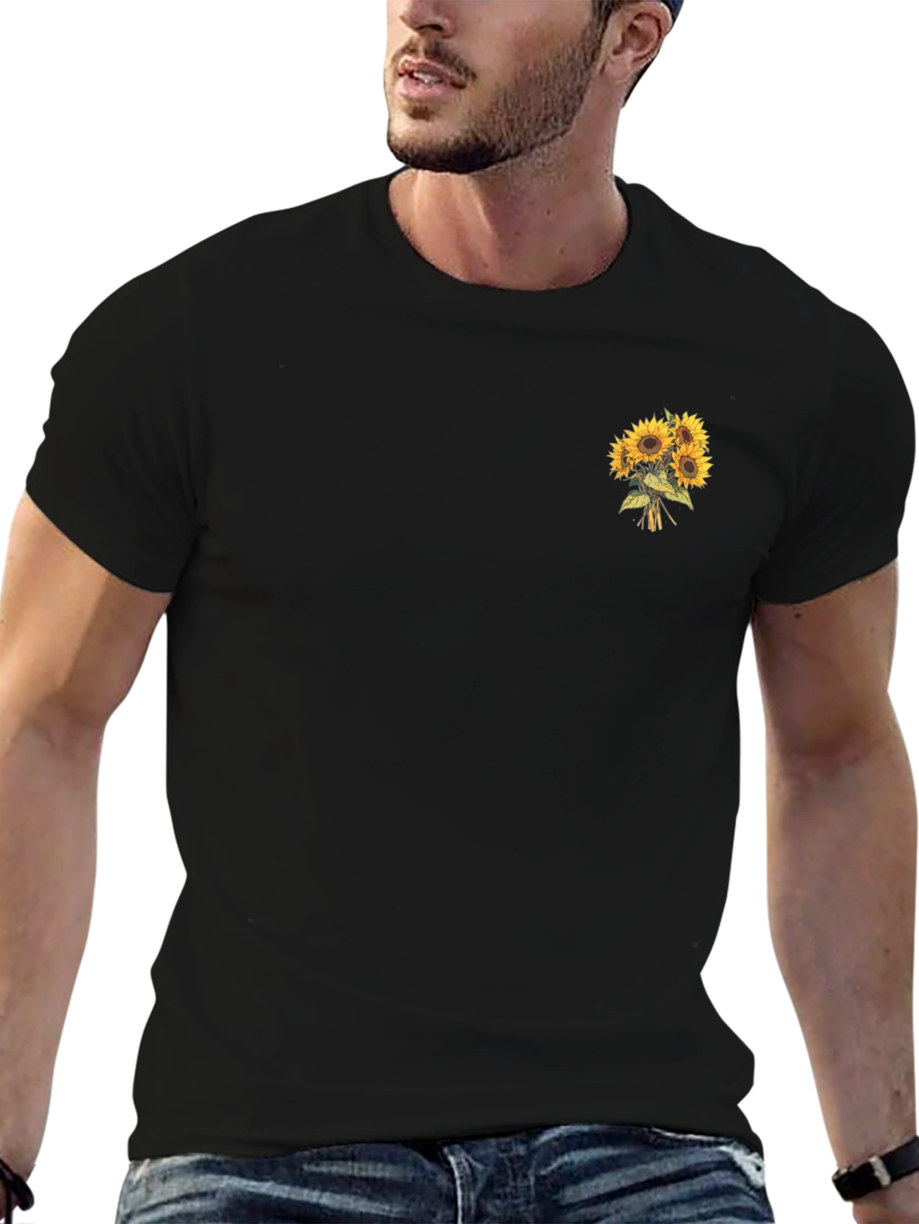 Sunflower Bouquet Graphic Tee - Black Cotton T-Shirt