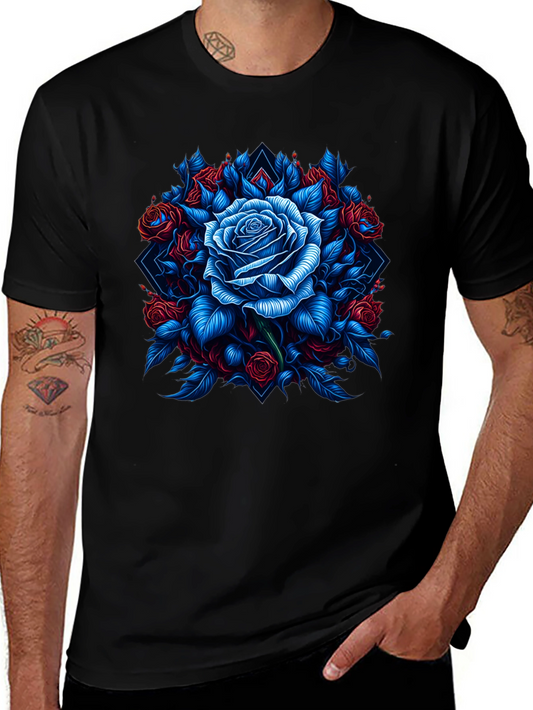 Rose Graphic T-Shirt - Blue & Red Floral Design