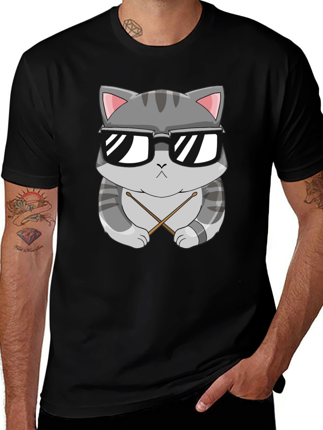 Cool Cat Drummer T-Shirt - Black Cotton Tee