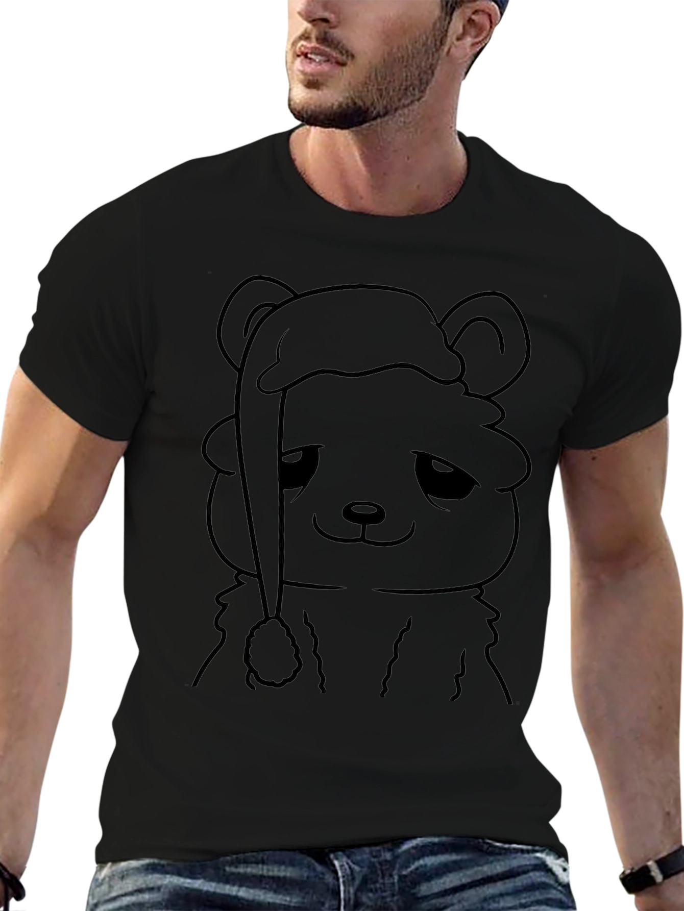 Sad Bear Santa Hat Black T-Shirt