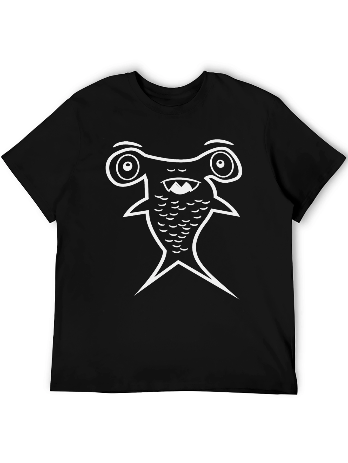 Cartoon Hammerhead Shark Graphic Tee - Black Cotton Blend