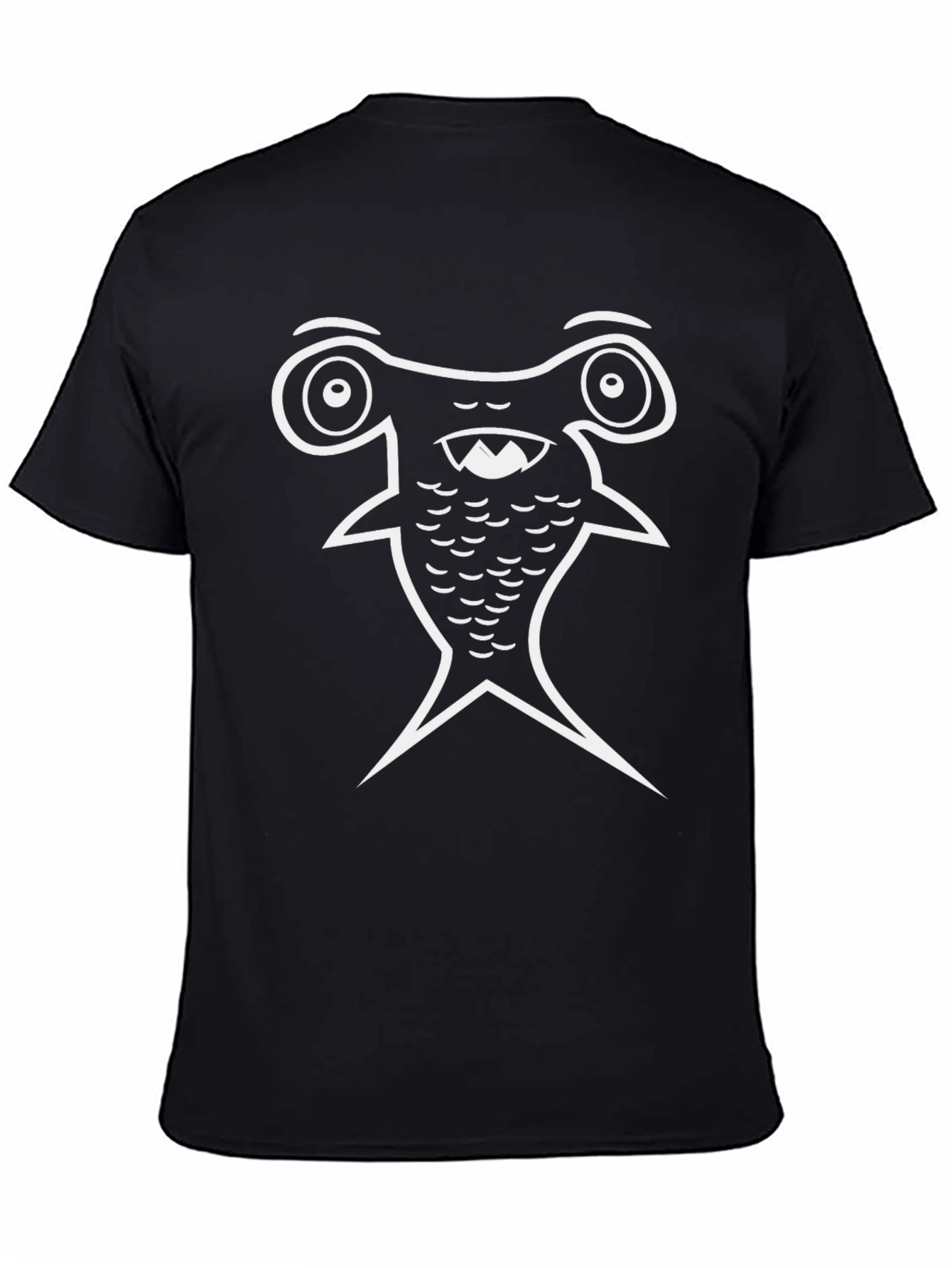 Cartoon Hammerhead Shark Graphic Tee - Black Cotton Blend