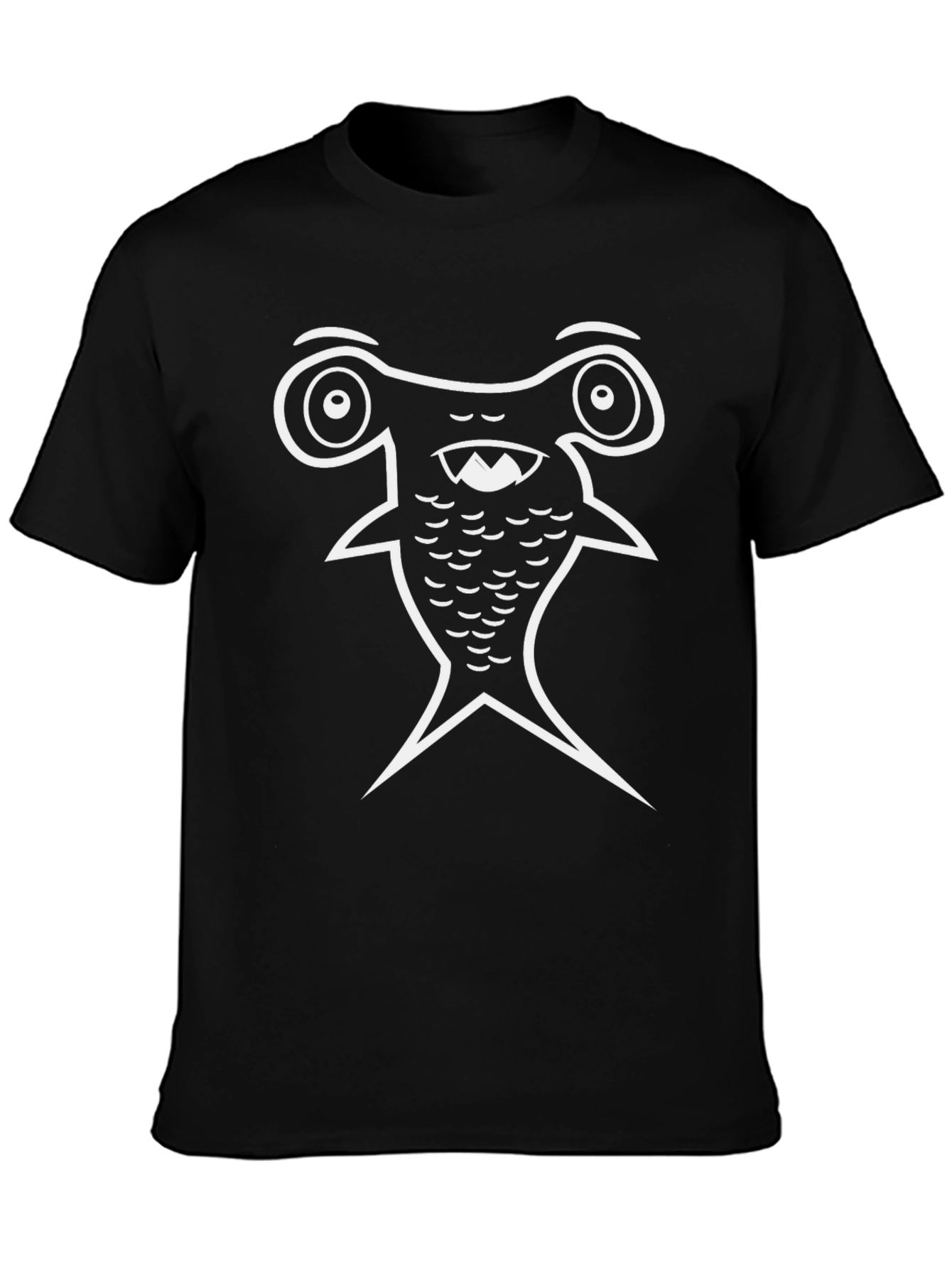 Cartoon Hammerhead Shark Graphic Tee - Black Cotton Blend