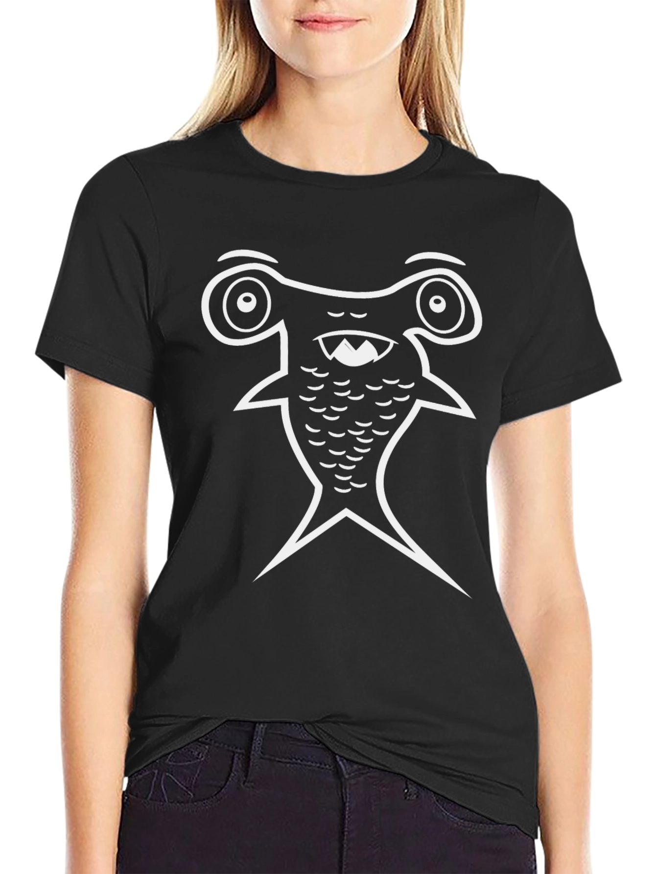 Cartoon Hammerhead Shark Graphic Tee - Black Cotton Blend