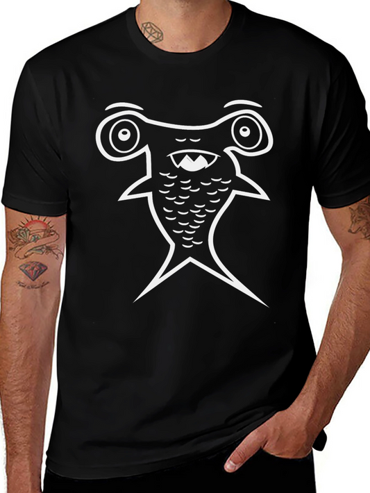 Cartoon Hammerhead Shark Graphic Tee - Black Cotton Blend