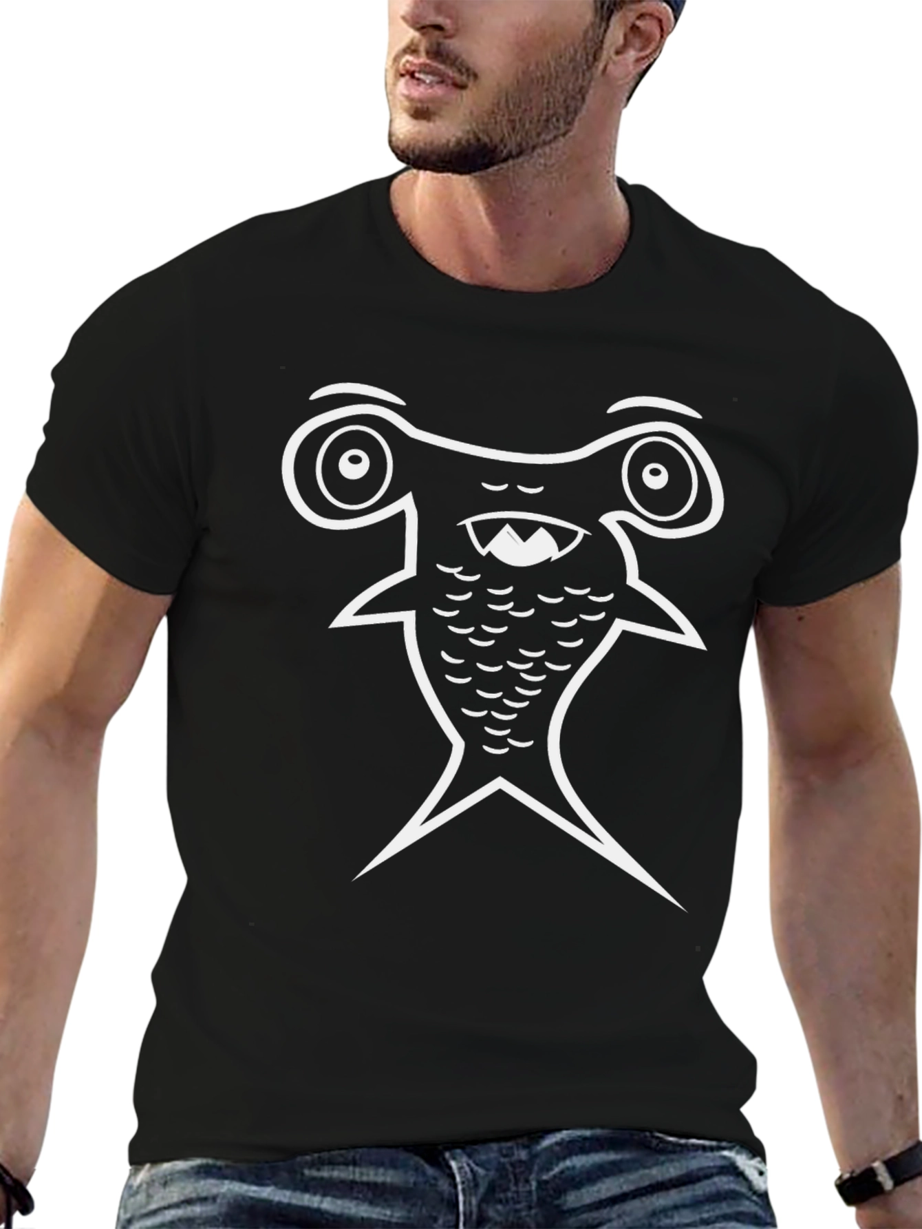 Cartoon Hammerhead Shark Graphic Tee - Black Cotton Blend