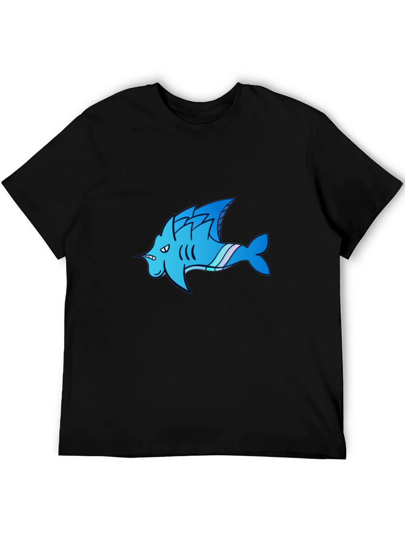 Cool Blue Shark Cartoon Graphic Black T-Shirt