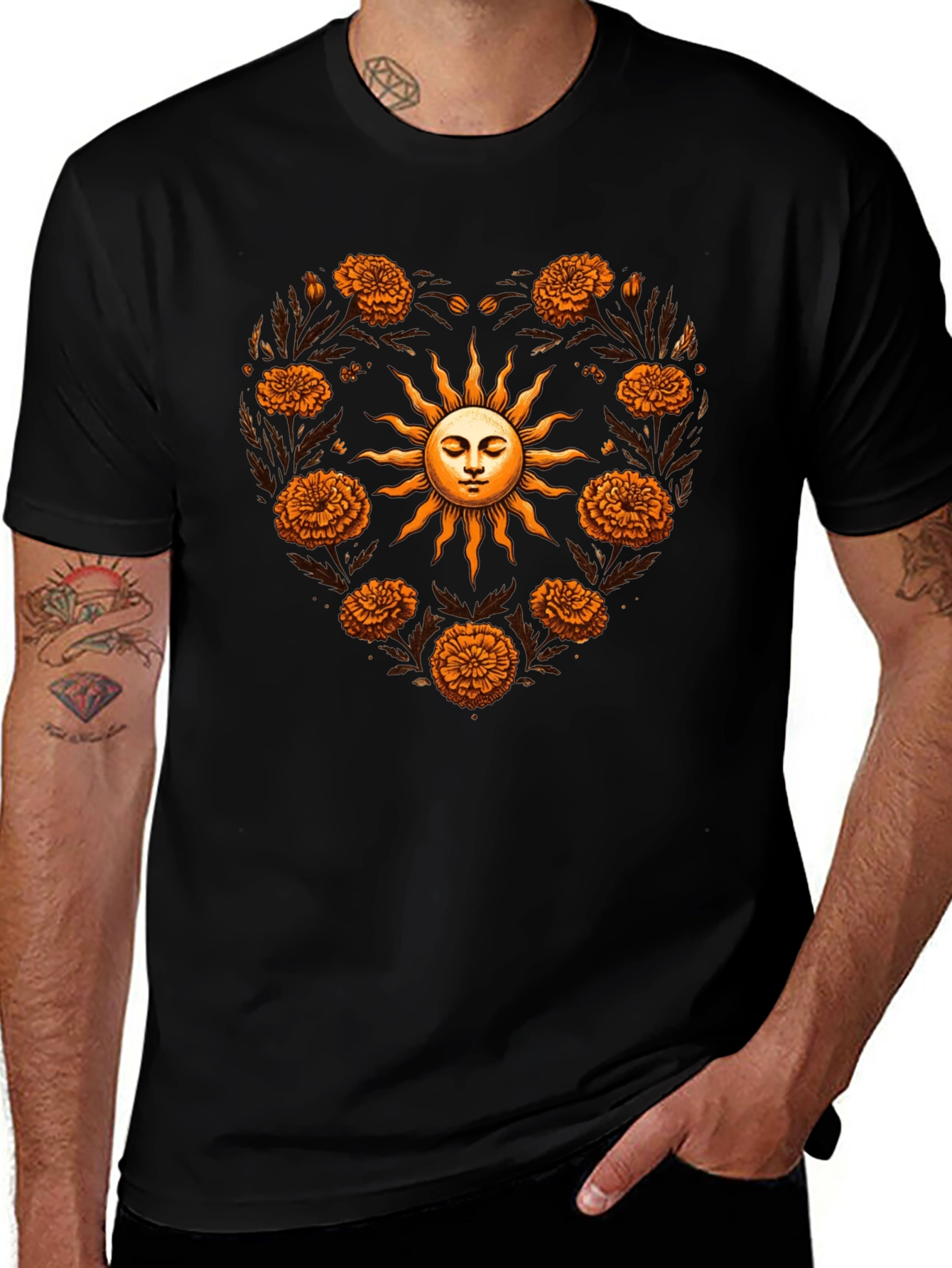 Floral Sun Heart T-Shirt - Black