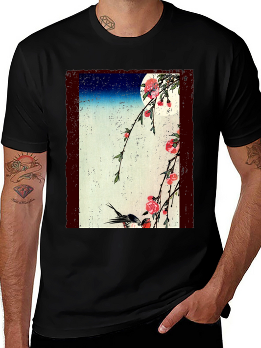 Japanese Art T-Shirt: Moonlit Cherry Blossoms & Bird