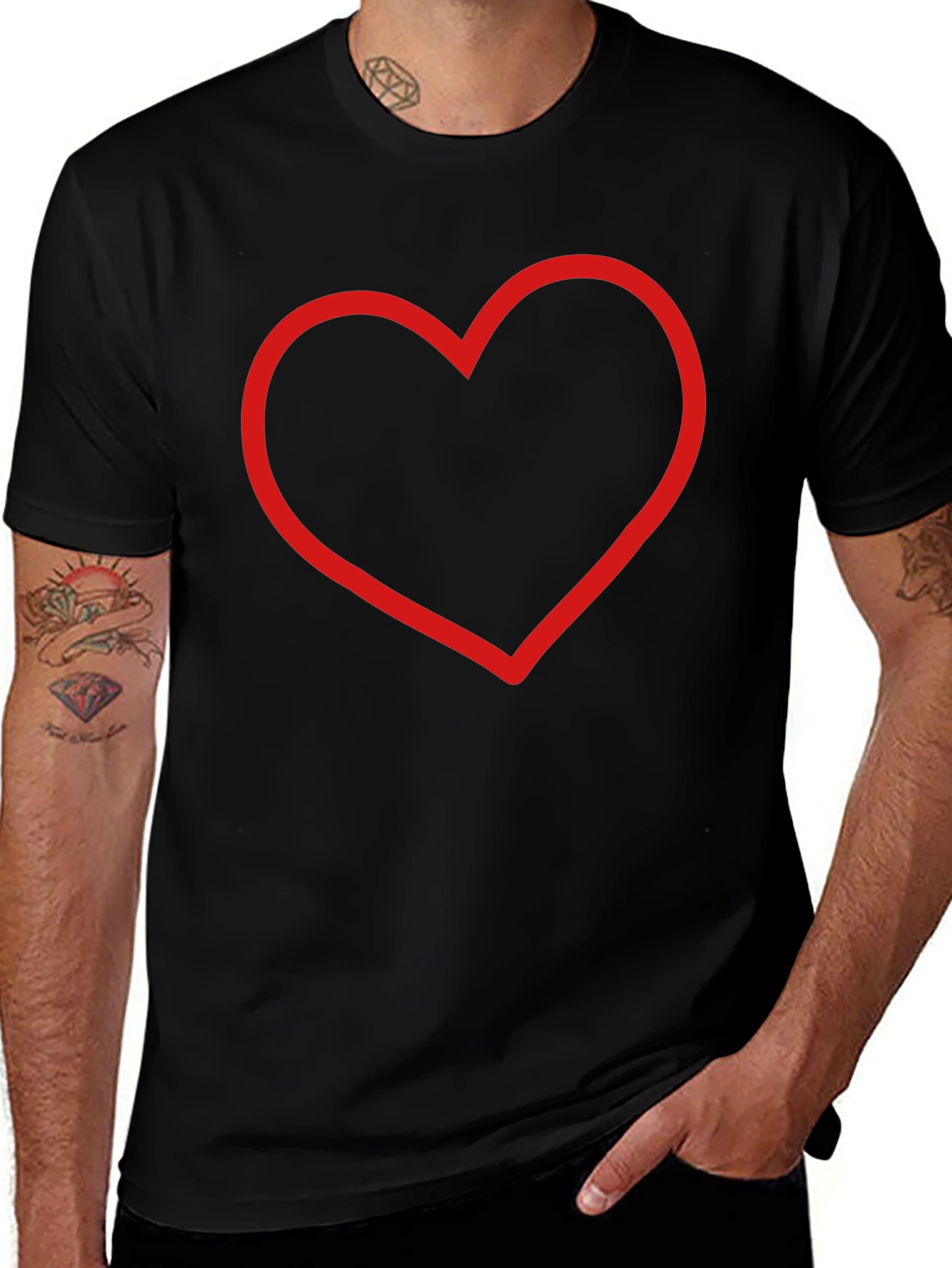 Red Heart Outline Black T-Shirt - Stylish & Simple