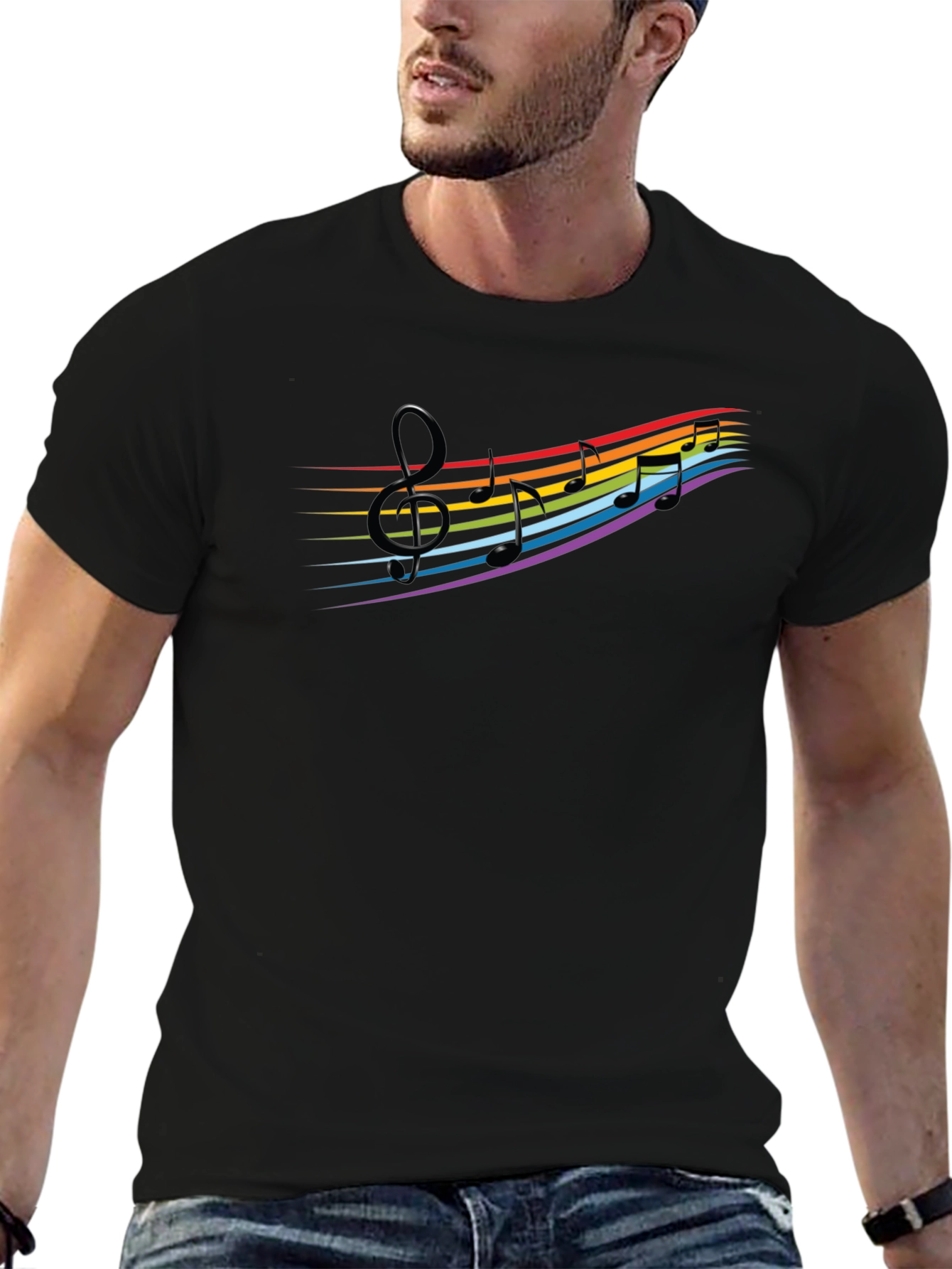 Rainbow Music Notes Graphic Black T-Shirt