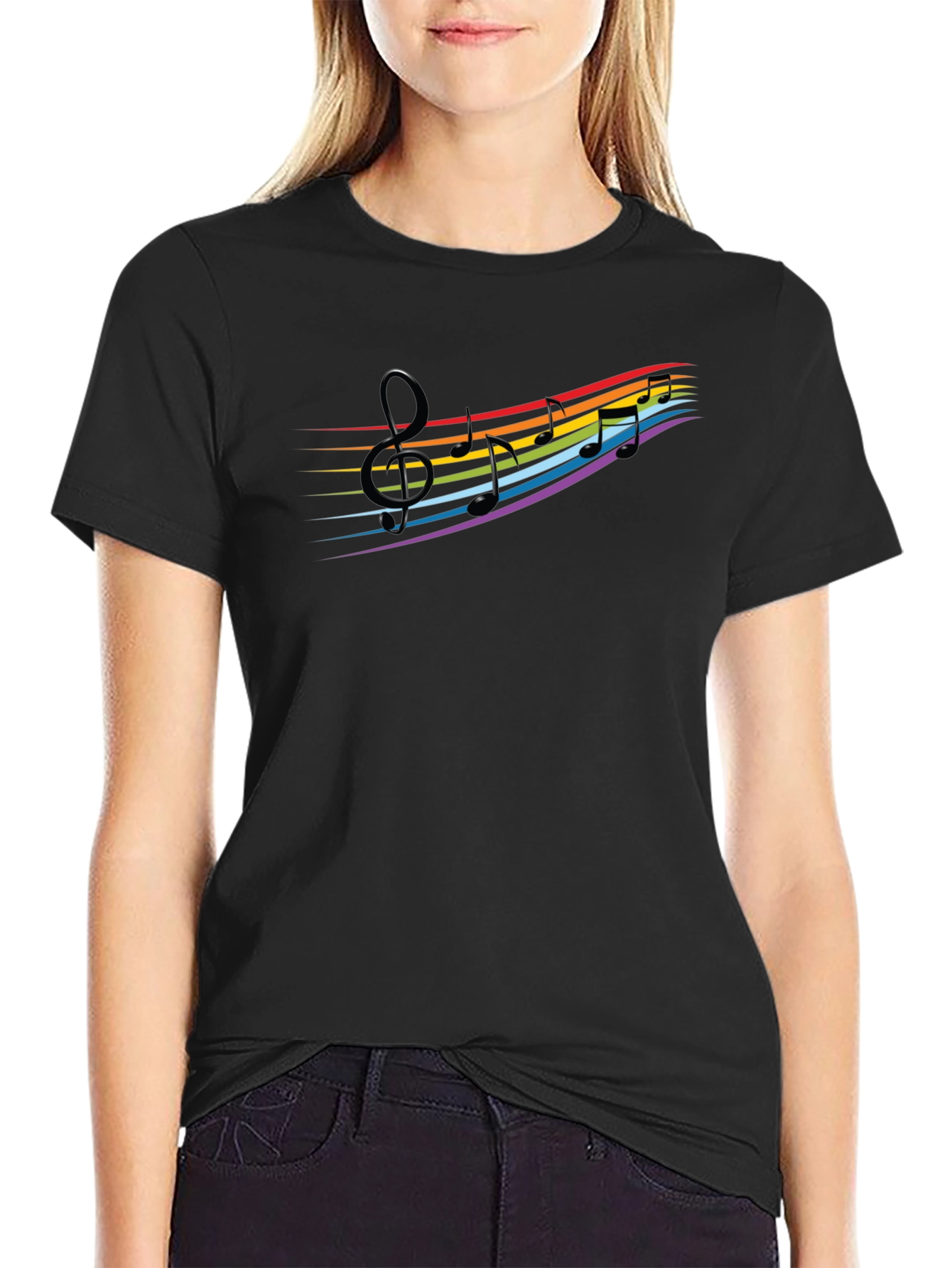 Rainbow Music Notes Graphic Black T-Shirt