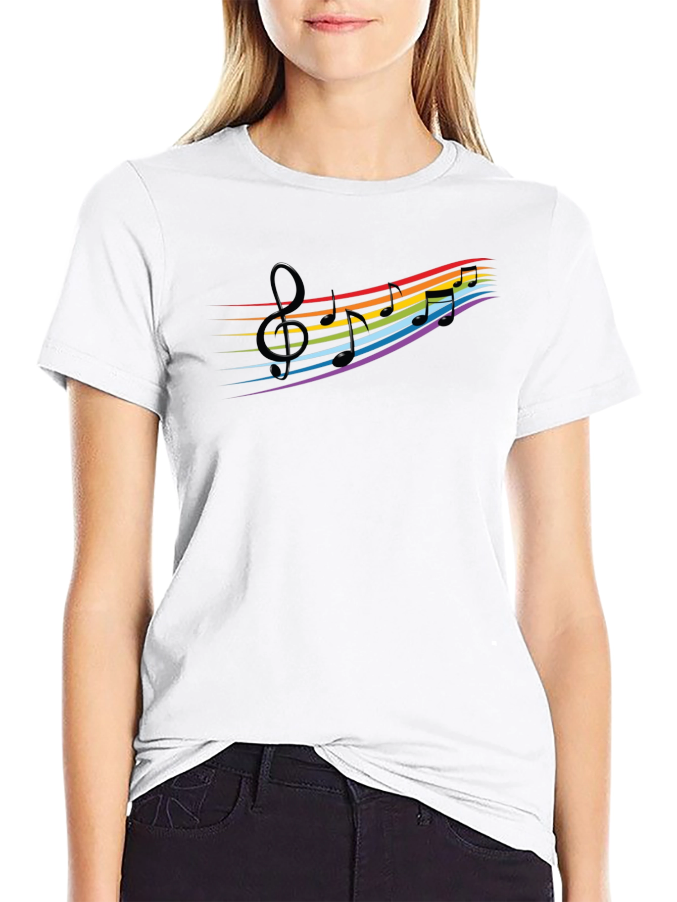 Rainbow Music Notes Graphic Black T-Shirt