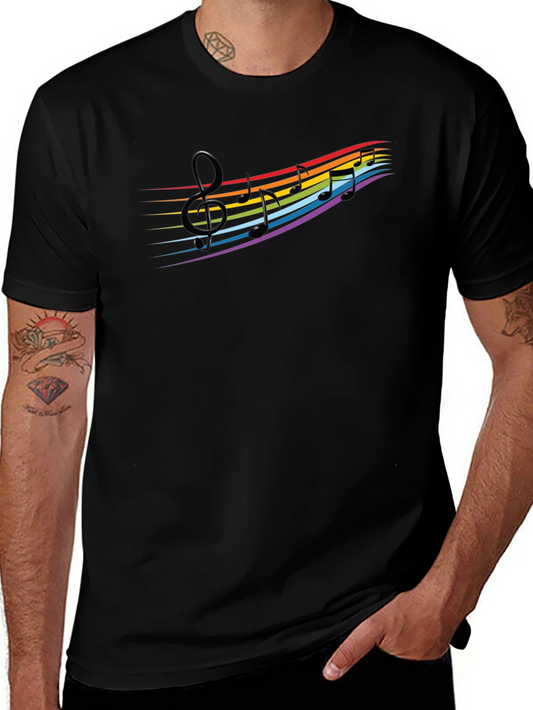 Rainbow Music Notes Graphic Black T-Shirt