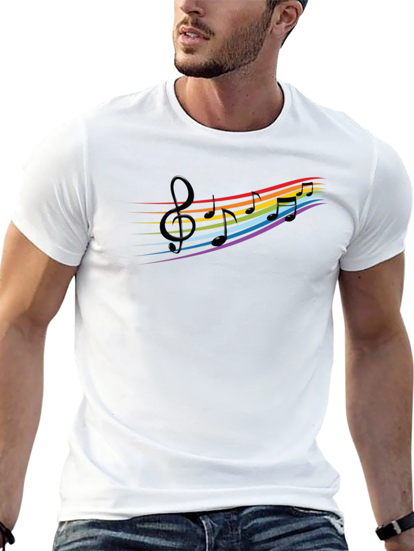 Rainbow Music Notes Graphic Black T-Shirt