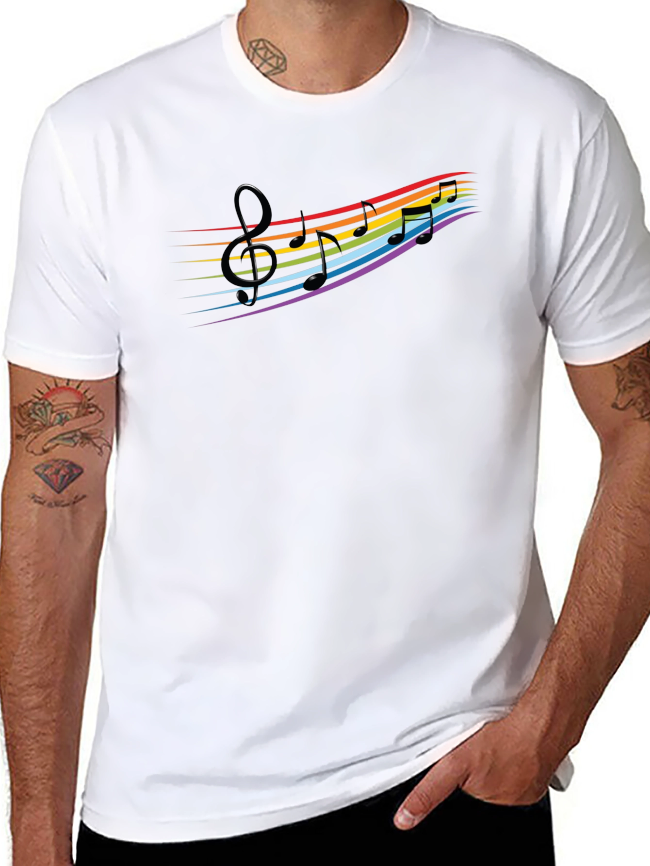 Rainbow Music Notes Graphic Black T-Shirt