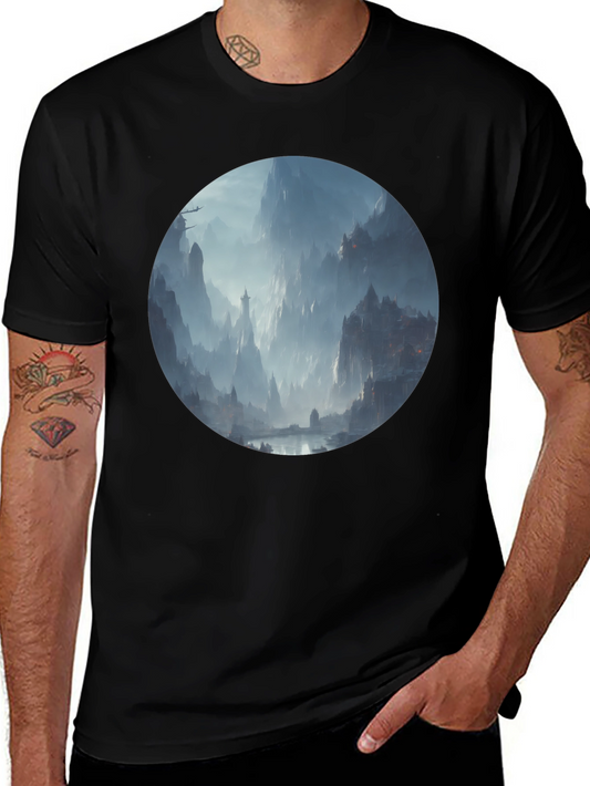 Fantasy Landscape Print Black T-Shirt