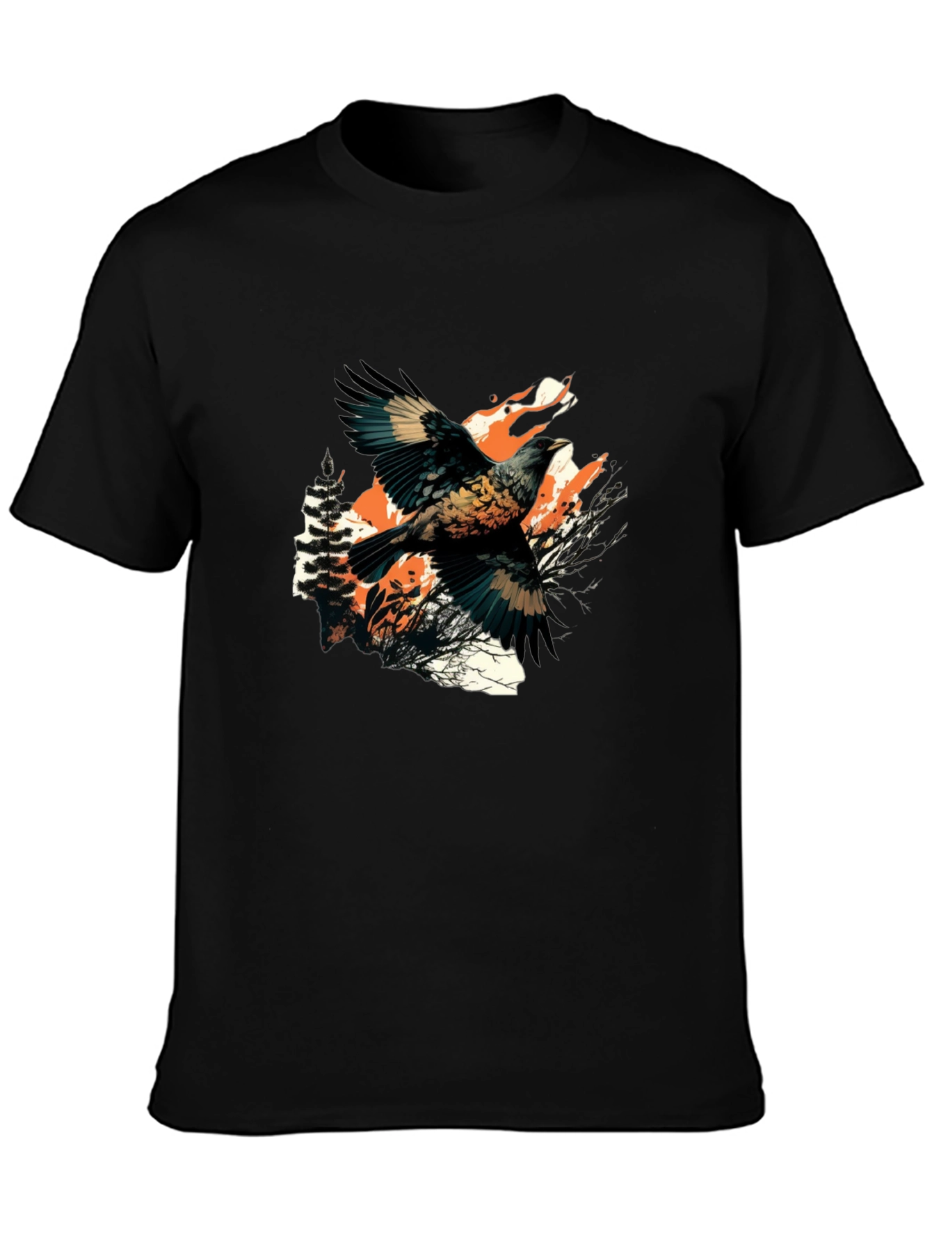 Black T-Shirt with Bird and Wolf Graphic