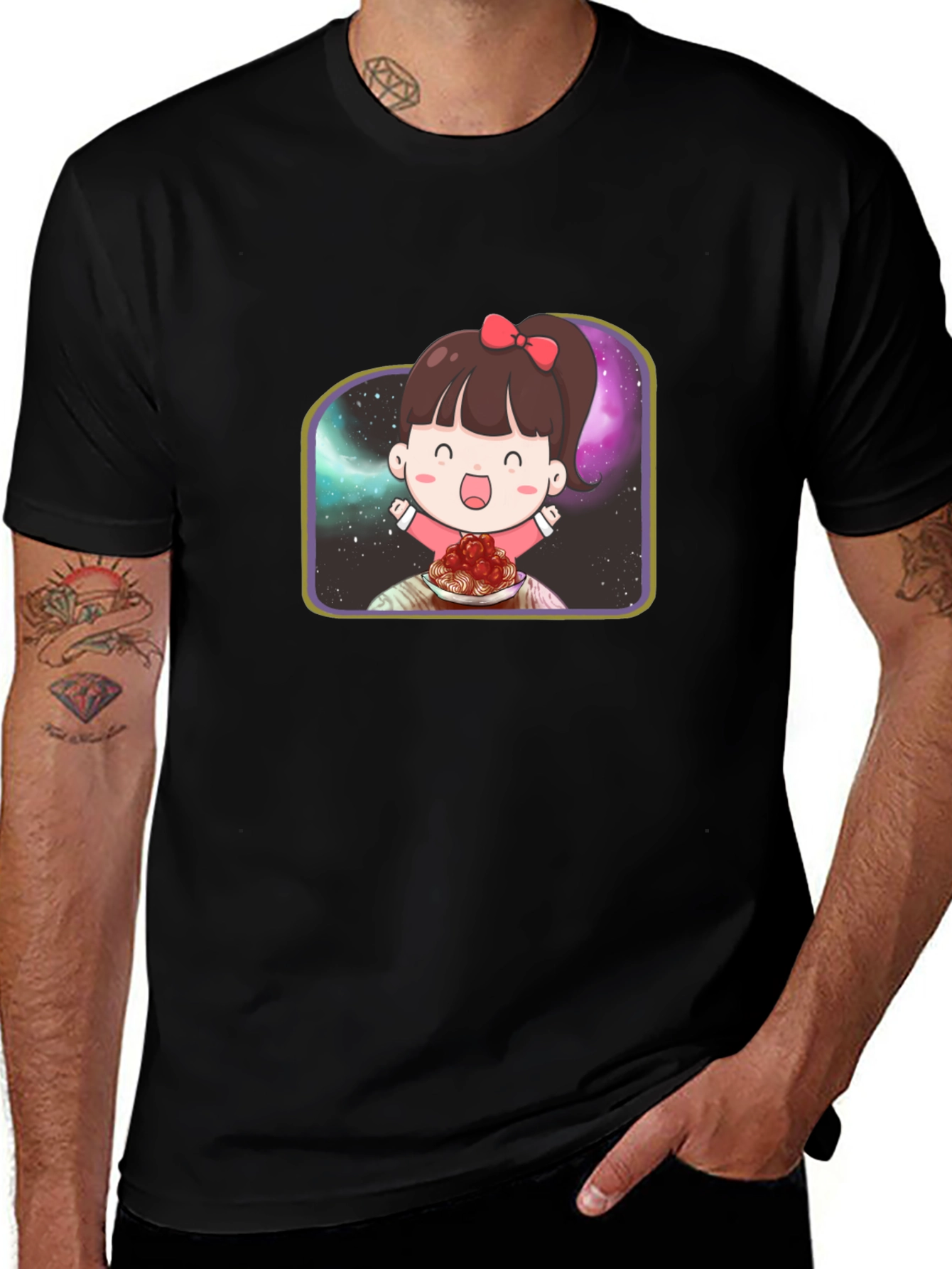 Cute Girl Spaghetti Galaxy Black T-Shirt