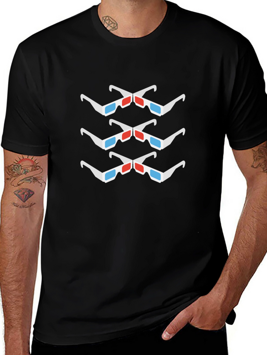 3D Glasses Pattern Black Crew Neck T-Shirt