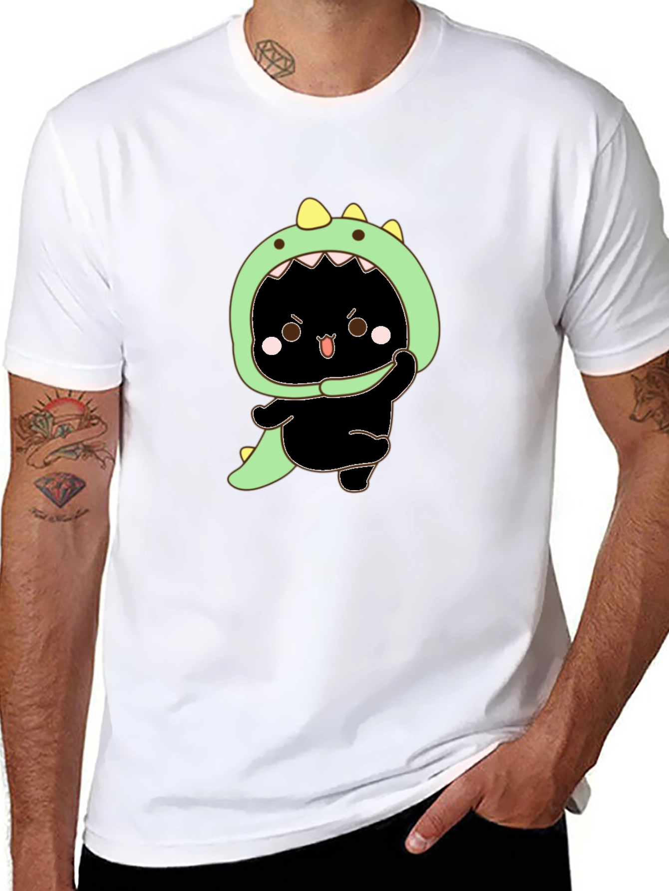 Dino Cat Graphic Tee - Black Cotton T-Shirt