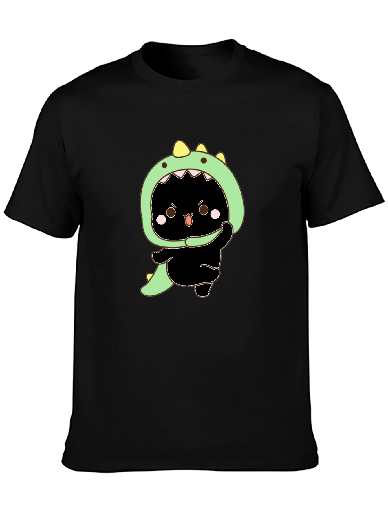 Dino Cat Graphic Tee - Black Cotton T-Shirt