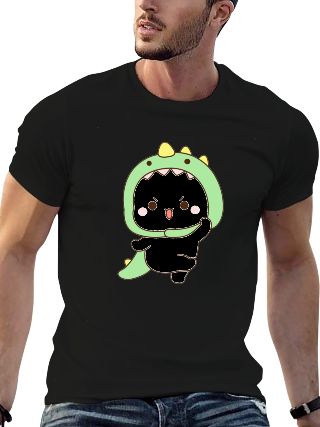 Dino Cat Graphic Tee - Black Cotton T-Shirt