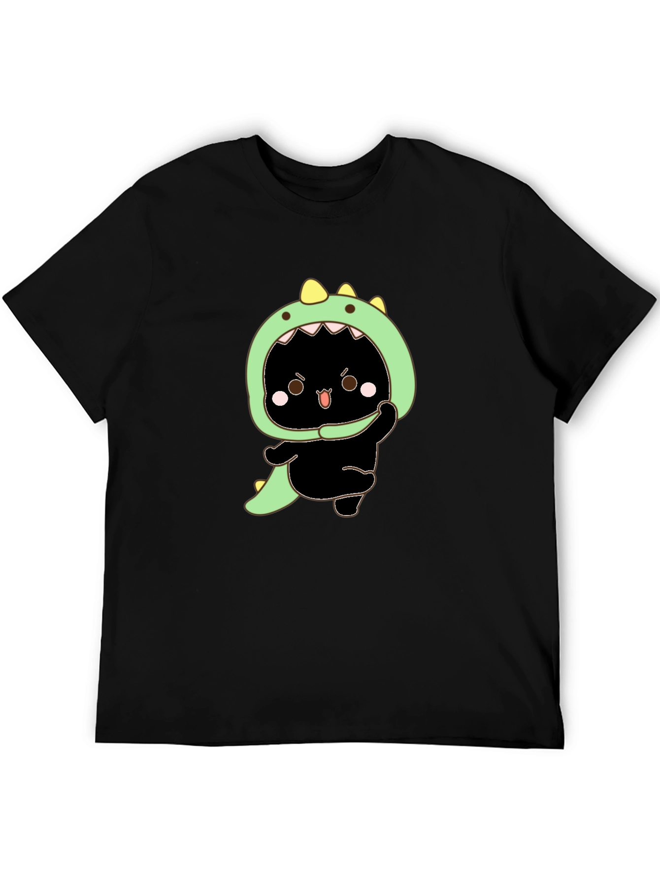 Dino Cat Graphic Tee - Black Cotton T-Shirt
