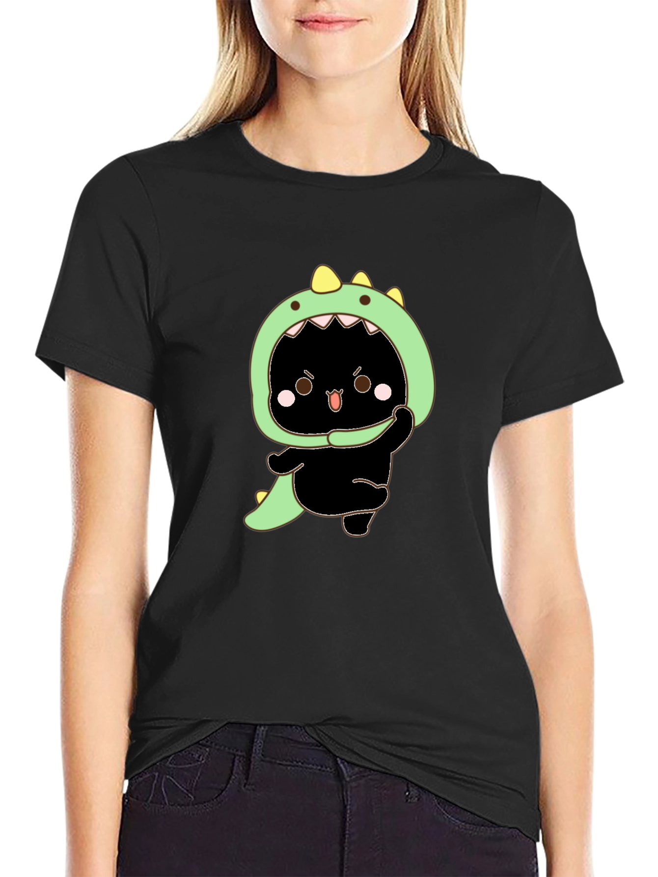 Dino Cat Graphic Tee - Black Cotton T-Shirt