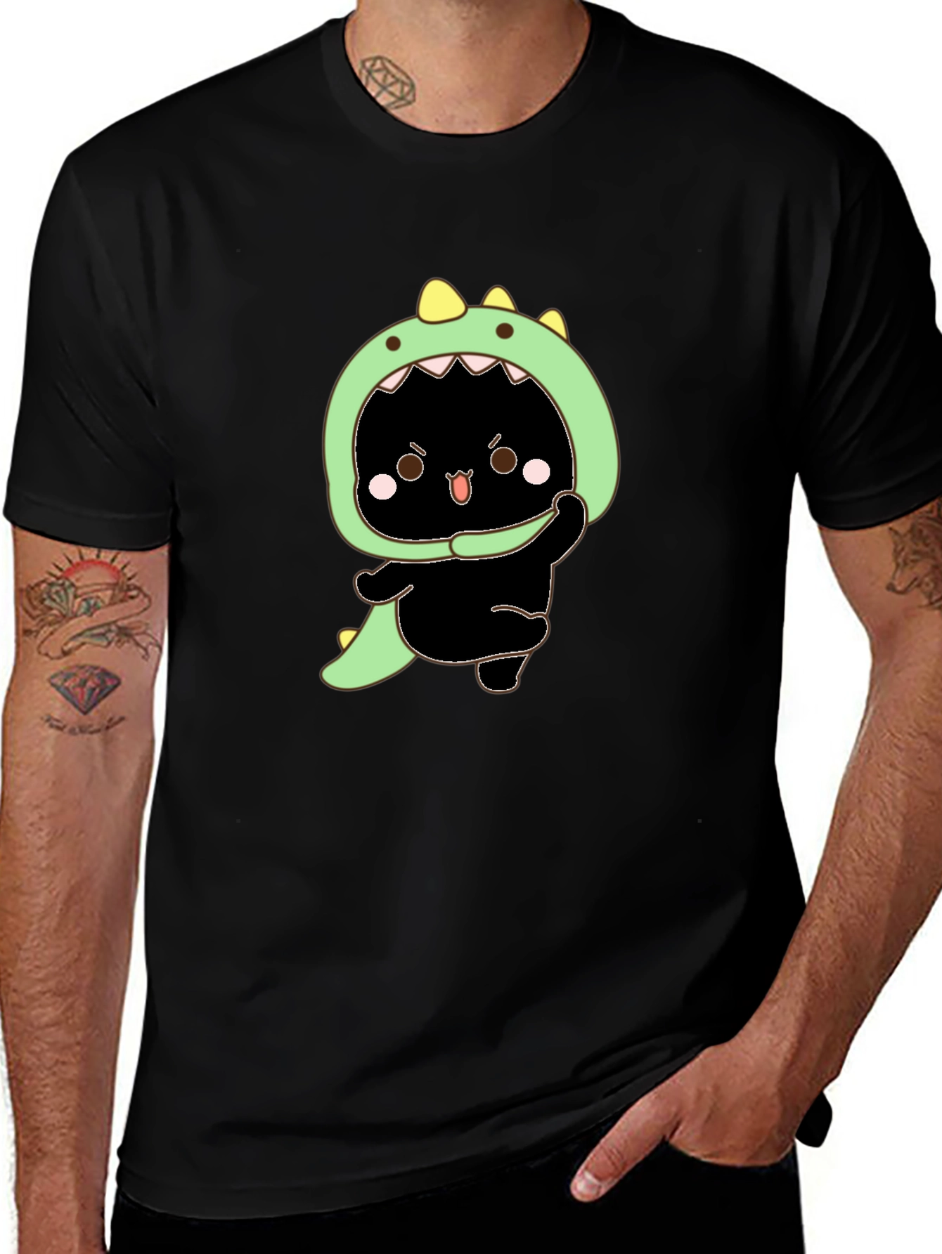 Dino Cat Graphic Tee - Black Cotton T-Shirt