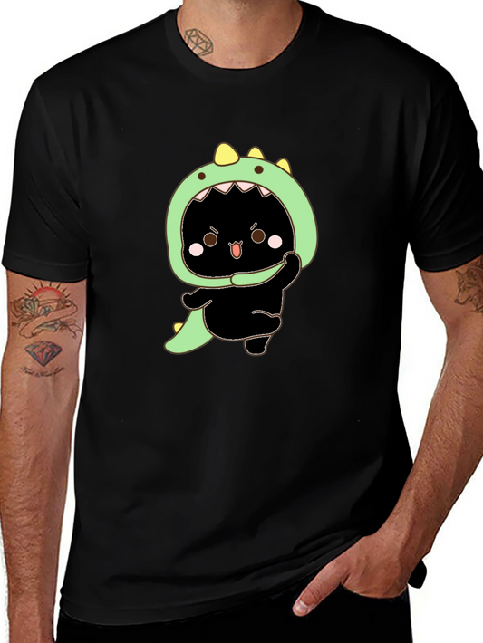 Dino Cat Graphic Tee - Black Cotton T-Shirt