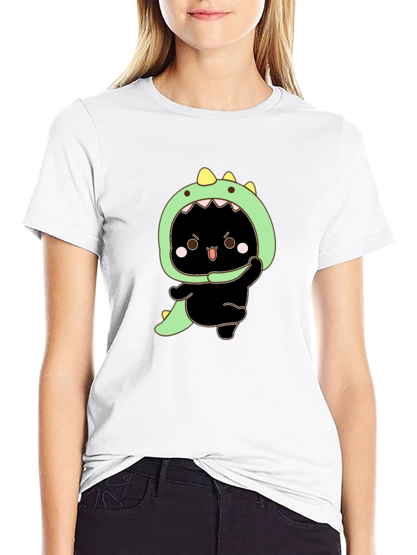 Dino Cat Graphic Tee - Black Cotton T-Shirt