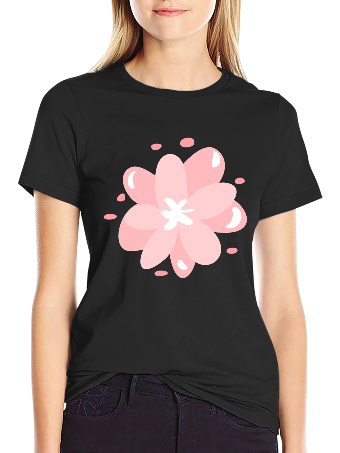 Pink Cherry Blossom Graphic Black T-Shirt