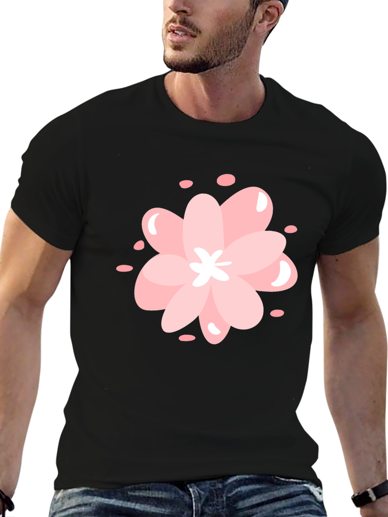 Pink Cherry Blossom Graphic Black T-Shirt