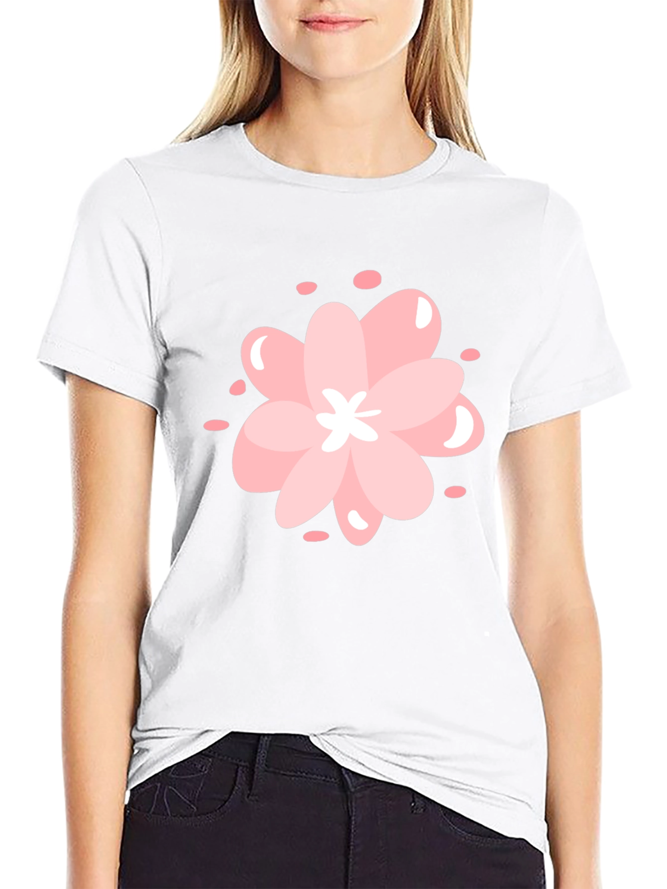 Pink Cherry Blossom Graphic Black T-Shirt